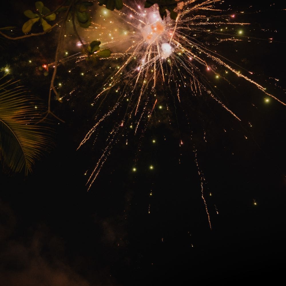 Fireworks bursting over the beach at ARKbar at midnight on New Year's Eve