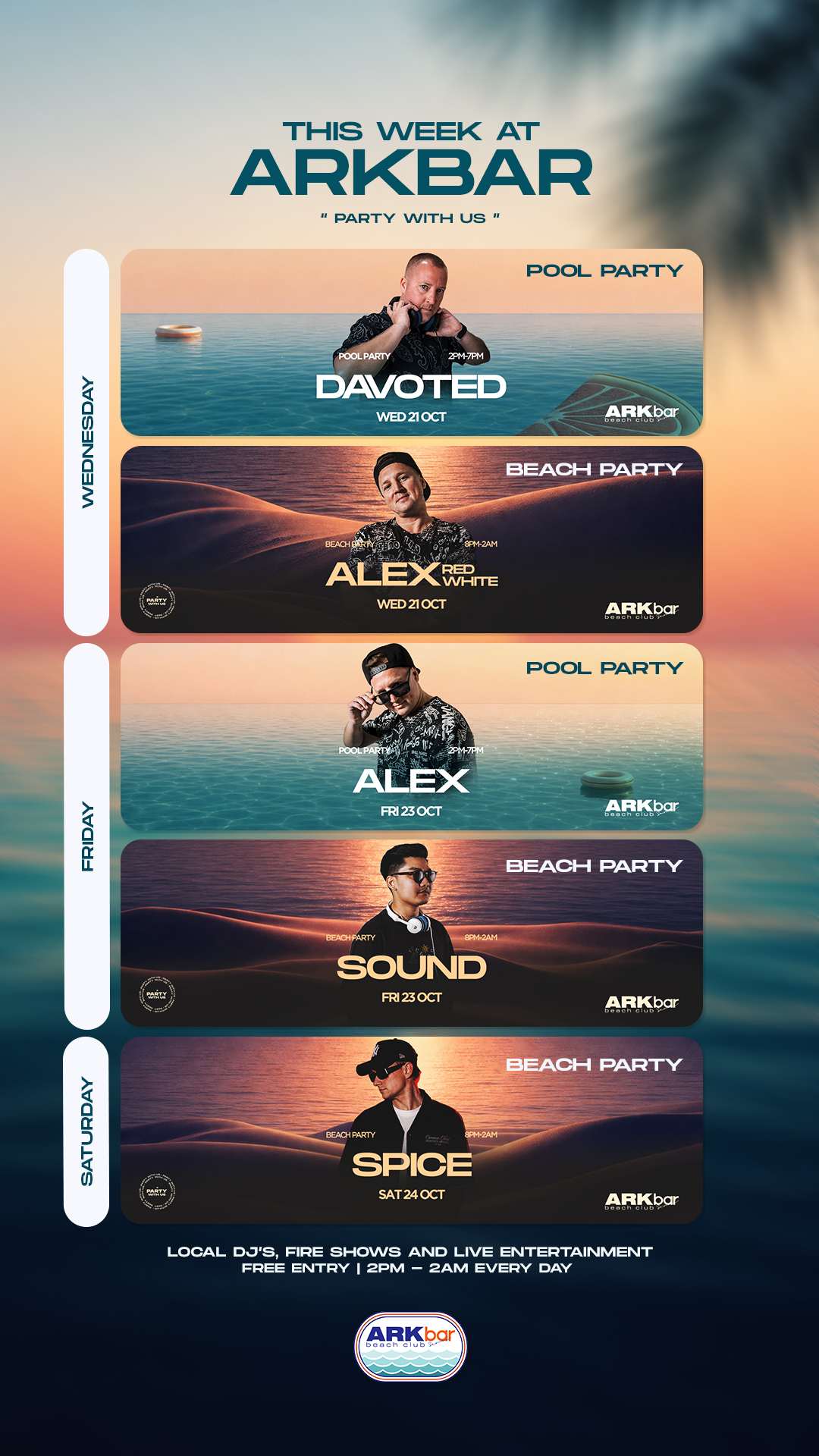 This week at ARKbar Beach Club, Chaweng Beach, Koh Samui: DJ line-up for 21 to 24 October 2026